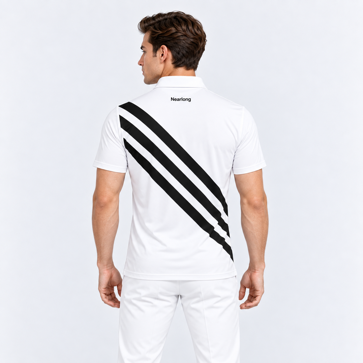 Men's black and white stripe golf polo back view