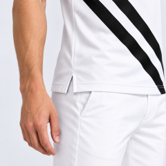 White men's golf polo side vent and stripe hem detail