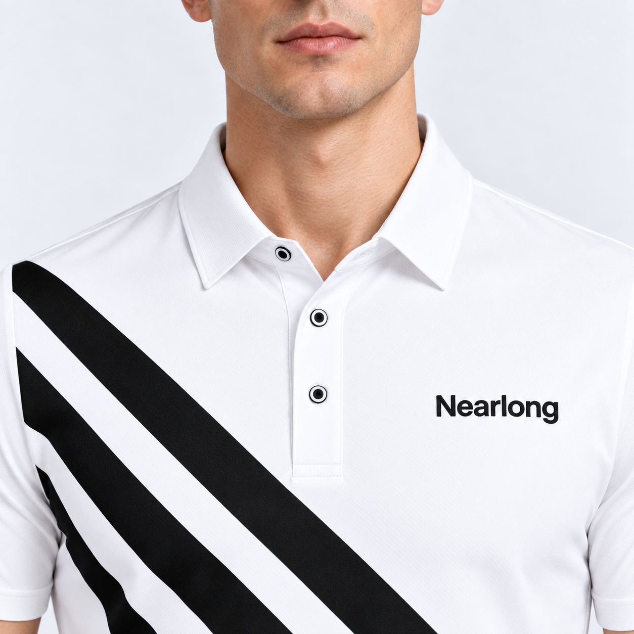 Men's white golf polo with black diagonal stripe chest design