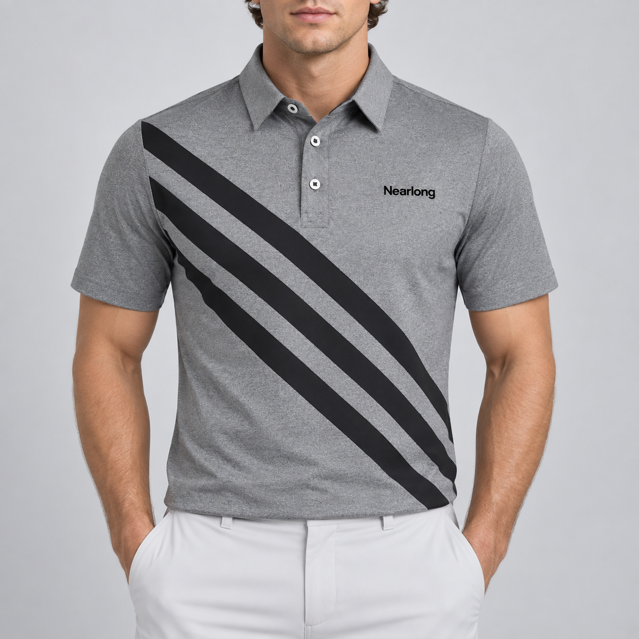 Gray golf polo for men with bold black diagonal stripes