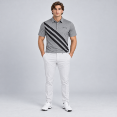 Men's gray golf polo with black stripes full body view