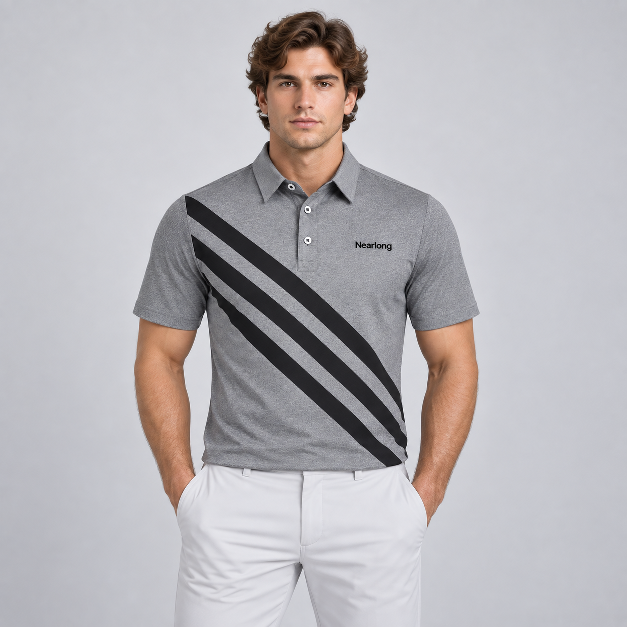 Men's gray striped golf polo shirt front view