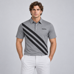 Men's gray striped golf polo shirt front view