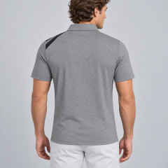 Men's gray golf polo shirt with black stripe back detail