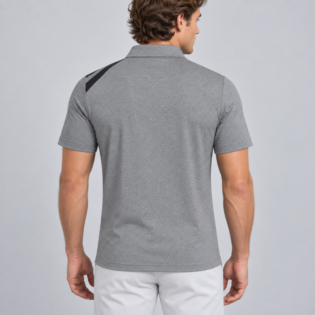 Men's gray golf polo shirt with black stripe back detail