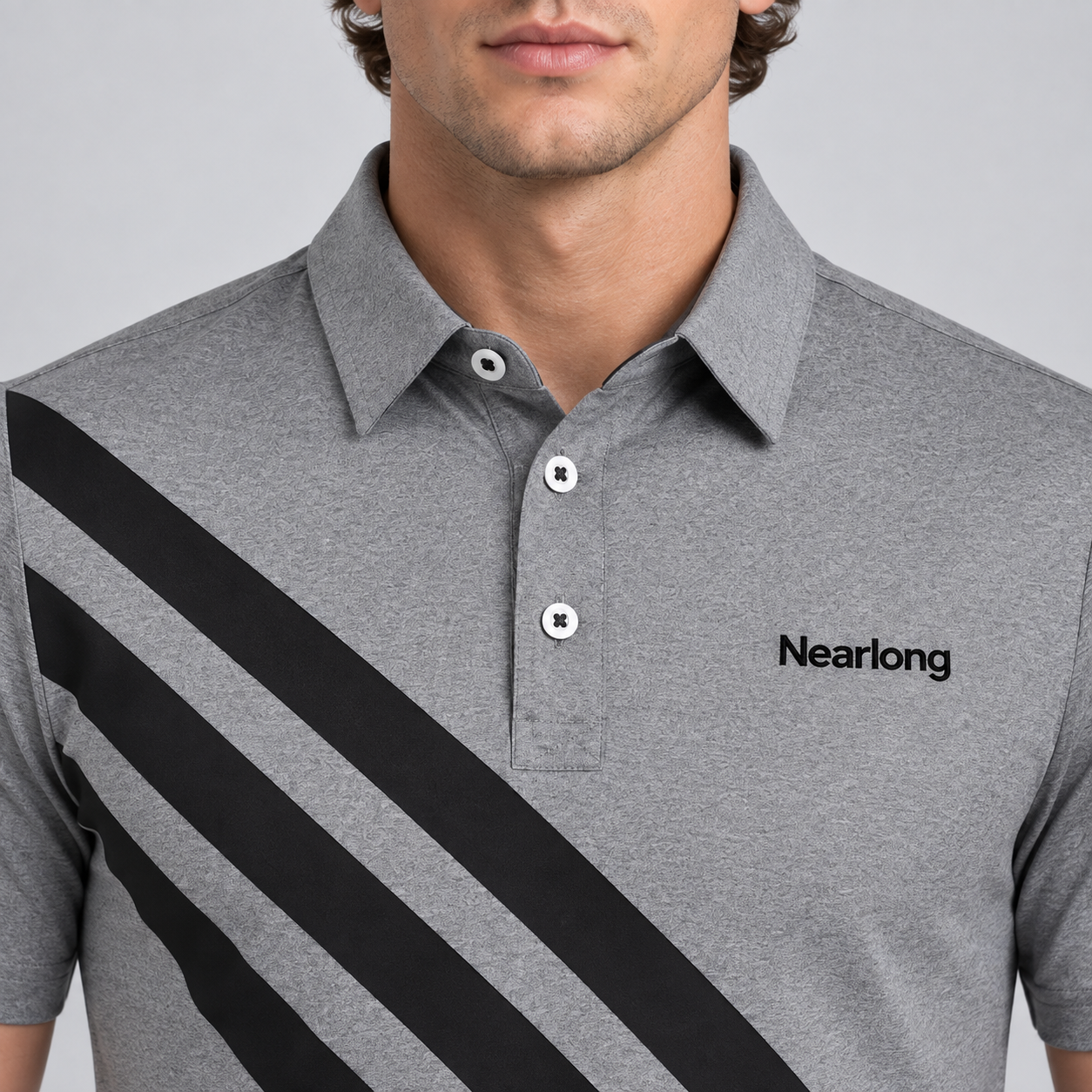 Men's gray golf polo with black diagonal stripe chest design