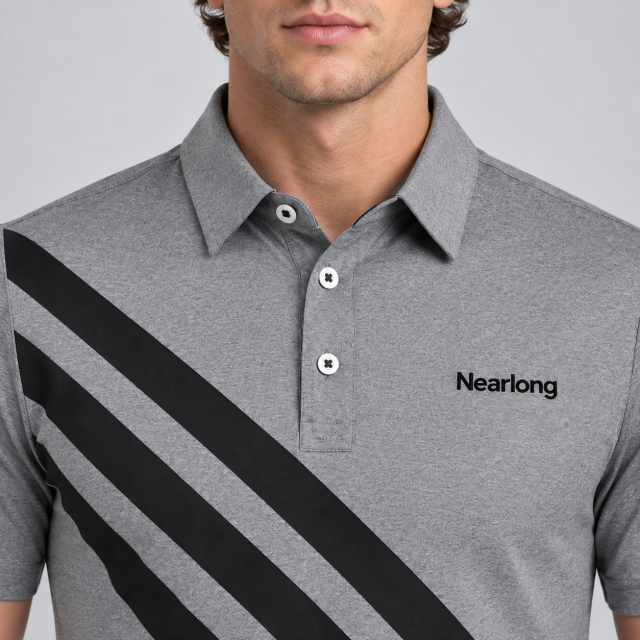 Men's gray golf polo with black diagonal stripe chest design