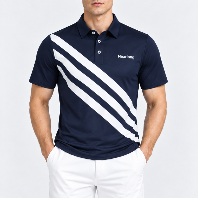 Men's navy golf polo with white diagonal stripe chest detail
