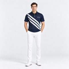 Men's navy golf polo shirt full body golf outfit