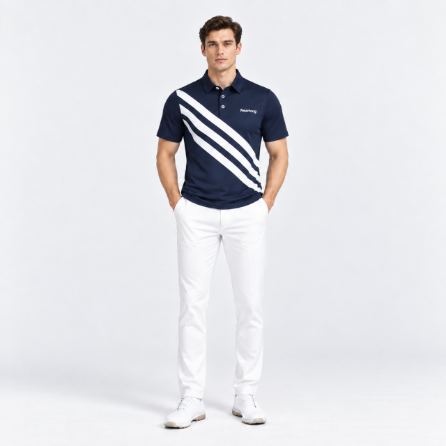 Men's navy golf polo shirt full body golf outfit
