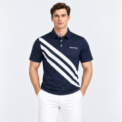 Navy golf polo for men with bold white diagonal stripes