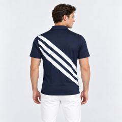 Men's navy golf polo with white diagonal stripe back design