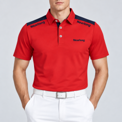 Custom red golf polo shirt for men with navy shoulders