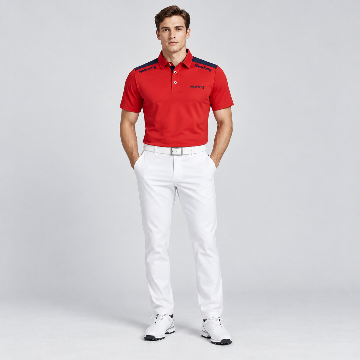 Men's red golf polo shirt front full body view
