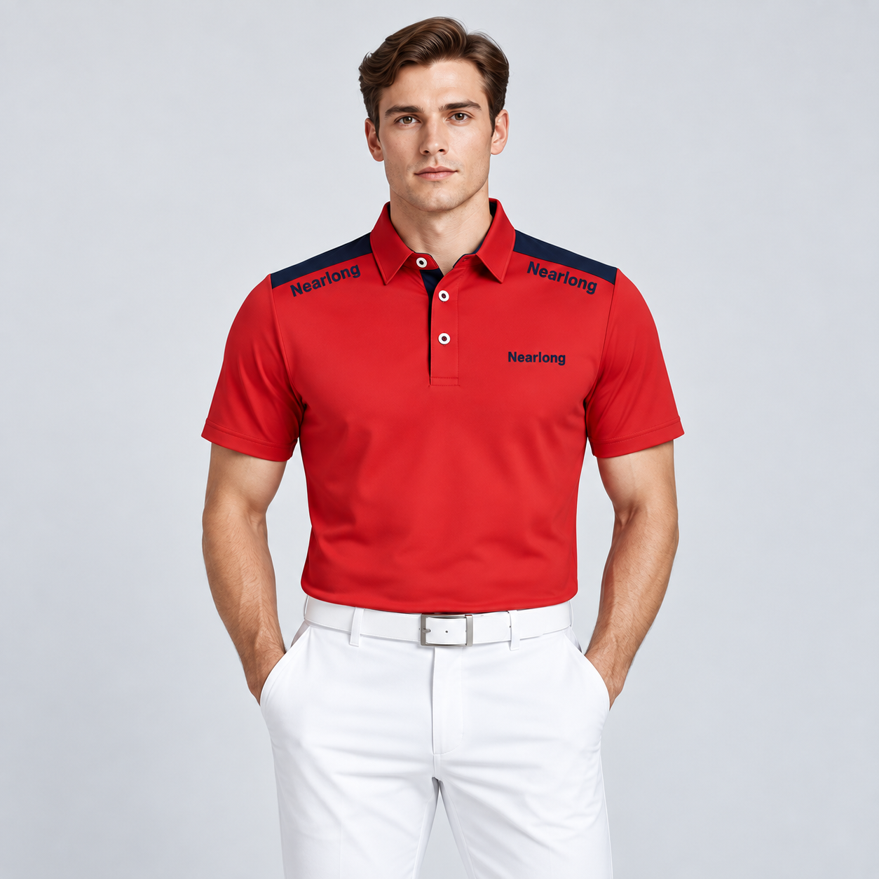 Men's red and navy golf polo shirt front view