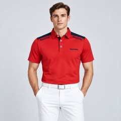 Men's red and navy golf polo shirt front view