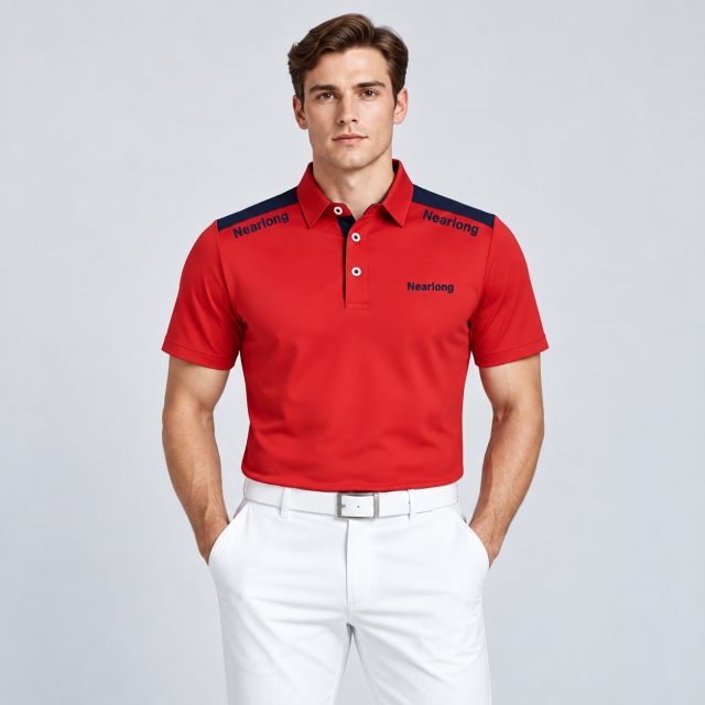 Men's red and navy golf polo shirt front view
