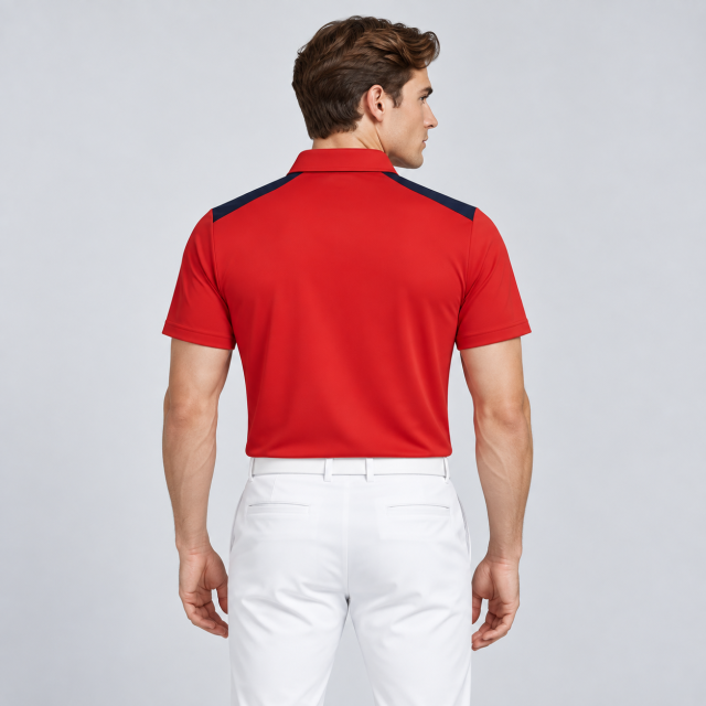 Men's red golf polo with navy shoulder back panel