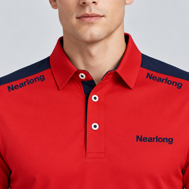 Red golf polo shirt with navy contrast shoulder panels