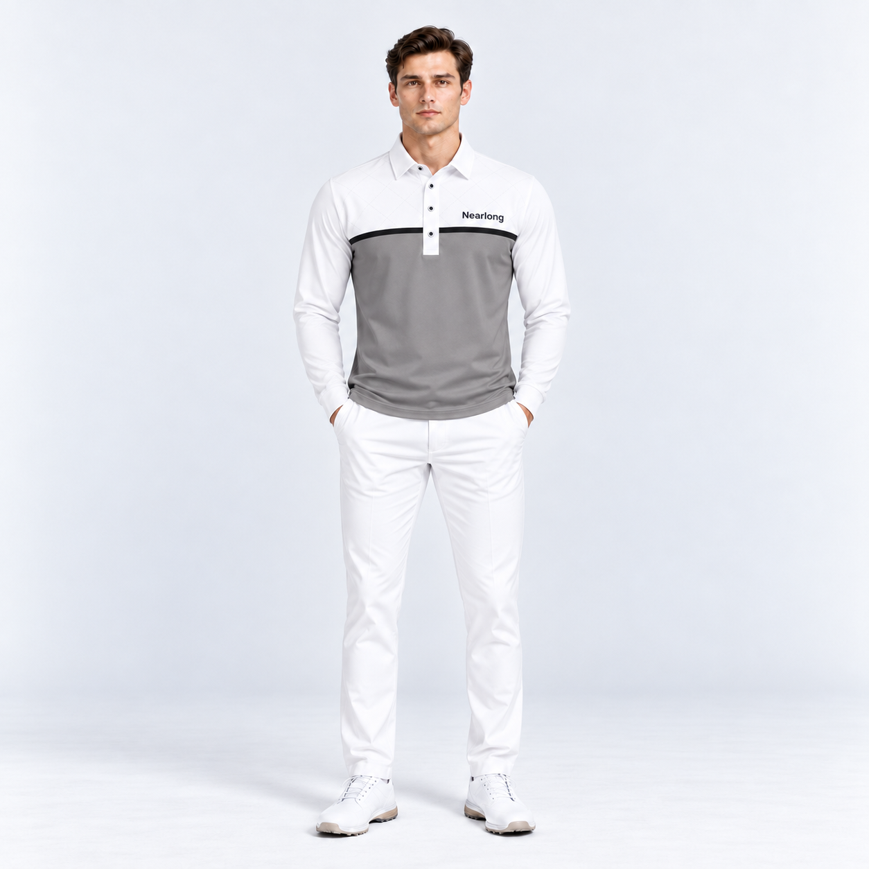 Men's performance long sleeve golf polo white and grey color block full front view