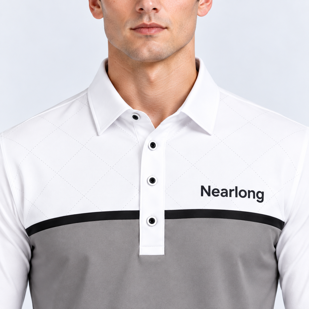 Men's performance golf polo collar placket and diamond pattern detail