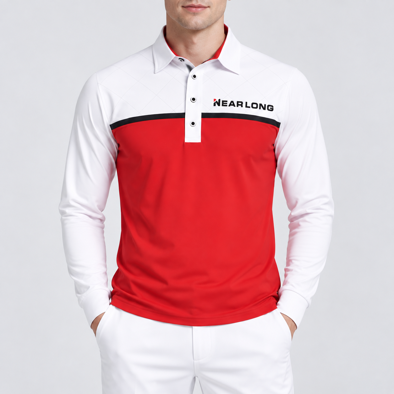 Men's red color block golf polo long sleeve upper body view