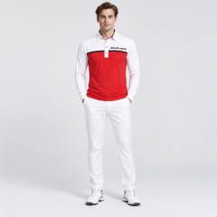 Men's red and white color block long sleeve golf polo full front view