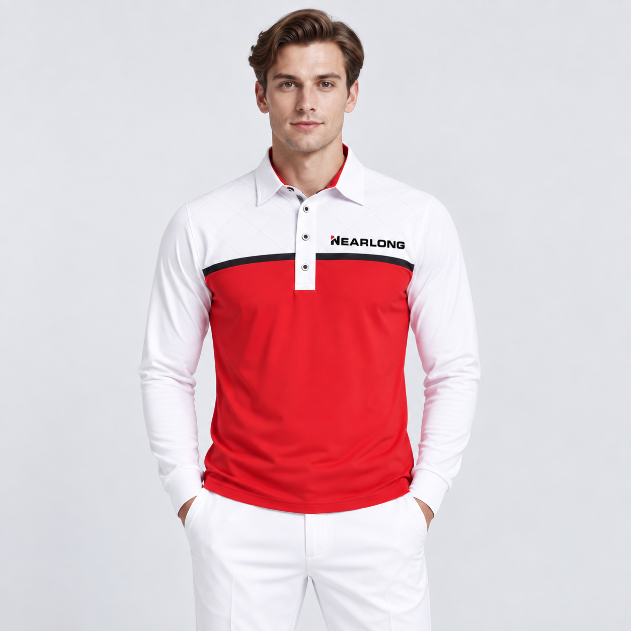 Men's color block long sleeve golf polo red body front view