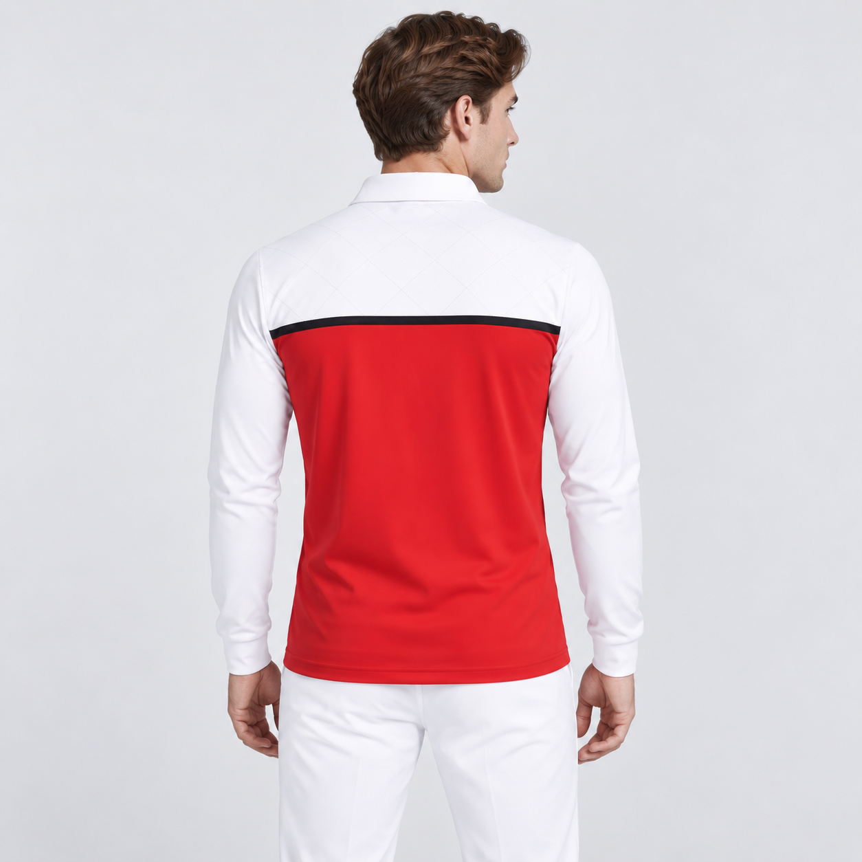 Back view of men's red white long sleeve golf polo shirt