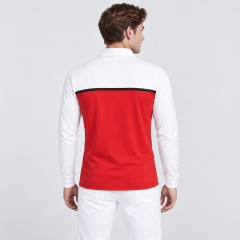 Back view of men's red white long sleeve golf polo shirt