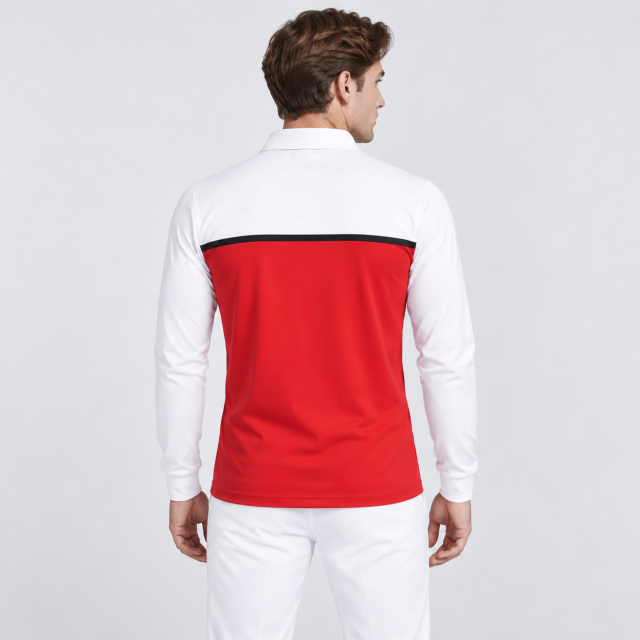 Back view of men's red white long sleeve golf polo shirt