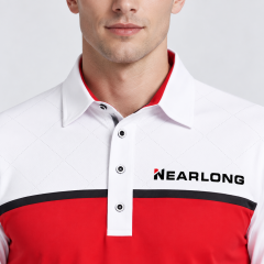 Men's golf polo collar placket diamond pattern and logo detail
