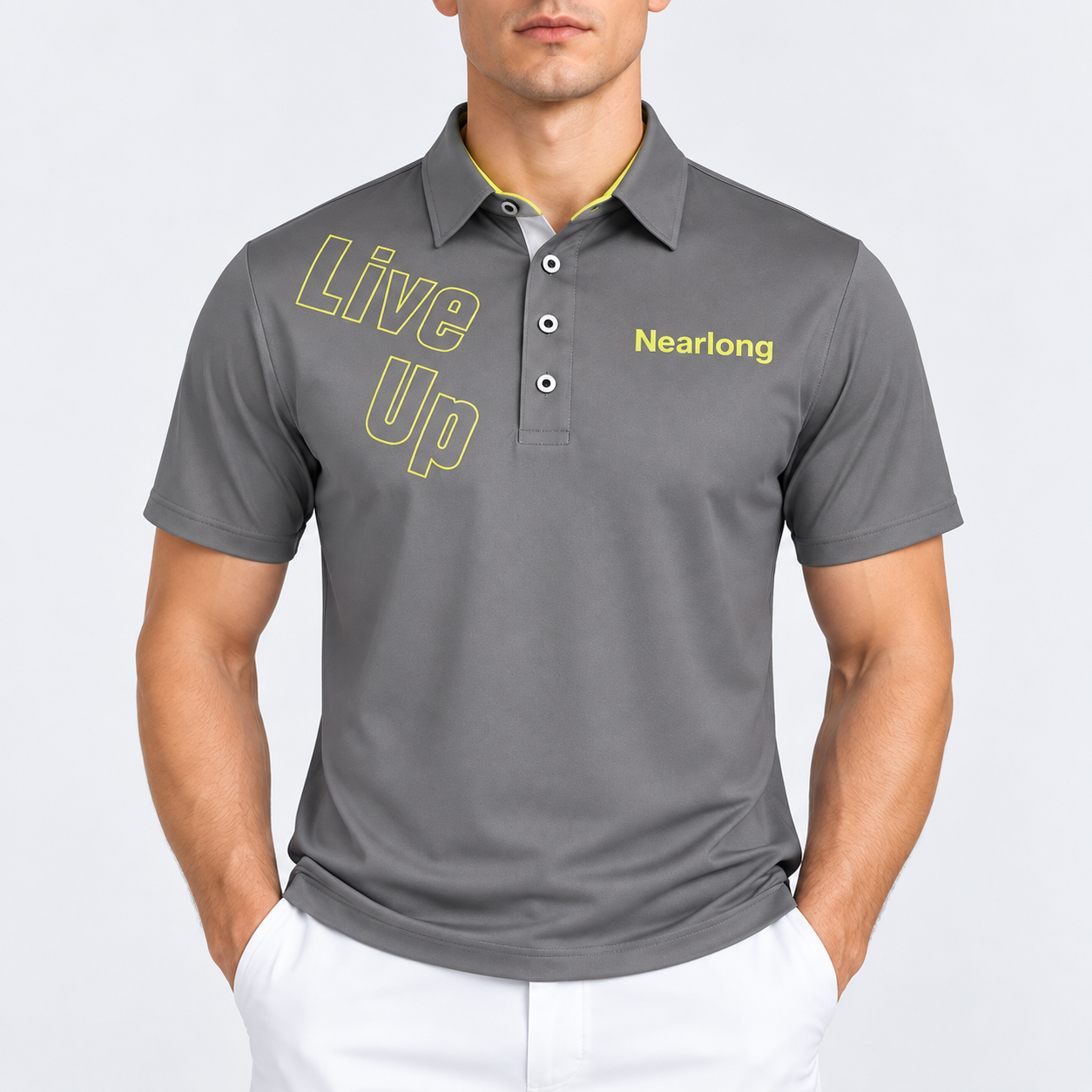 Men's gray printed golf polo shirt front view