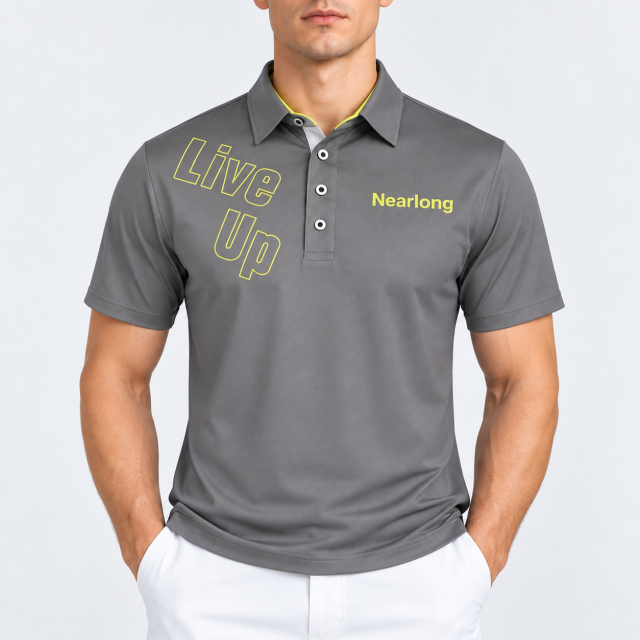 Men's gray printed golf polo shirt front view