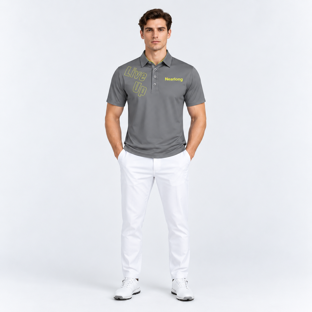 Men's gray golf polo shirt full body front view