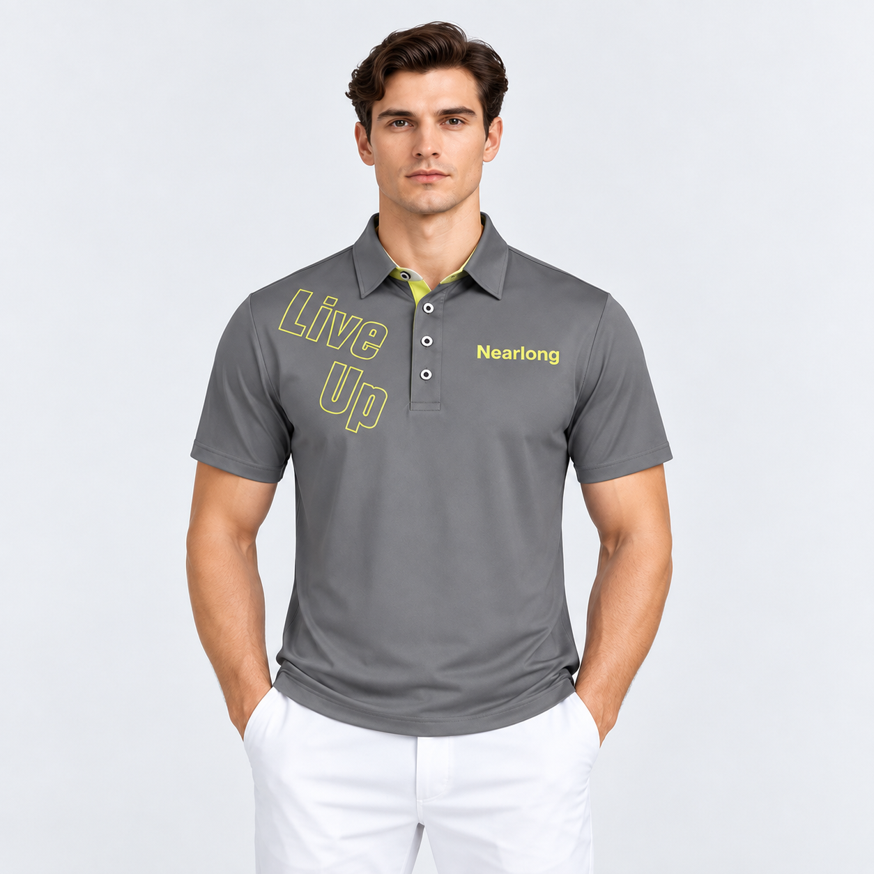 Gray graphic golf polo shirt front fit detail