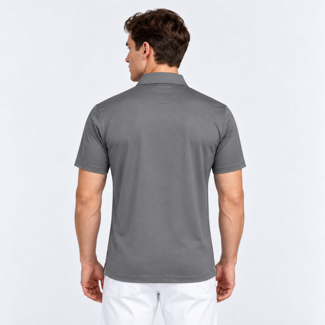 Men's gray short sleeve golf polo back view