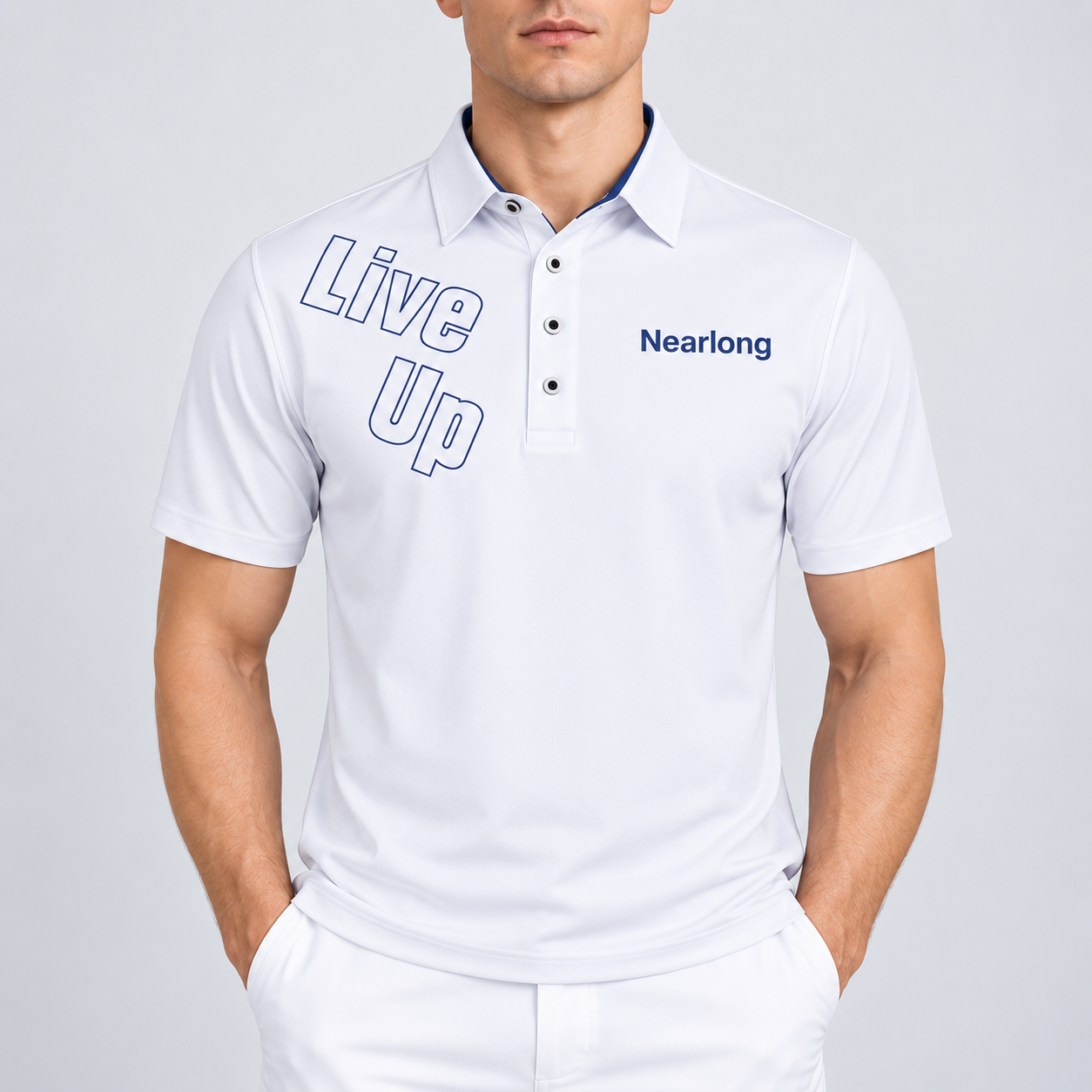 Men's custom white golf polo shirt front fit view