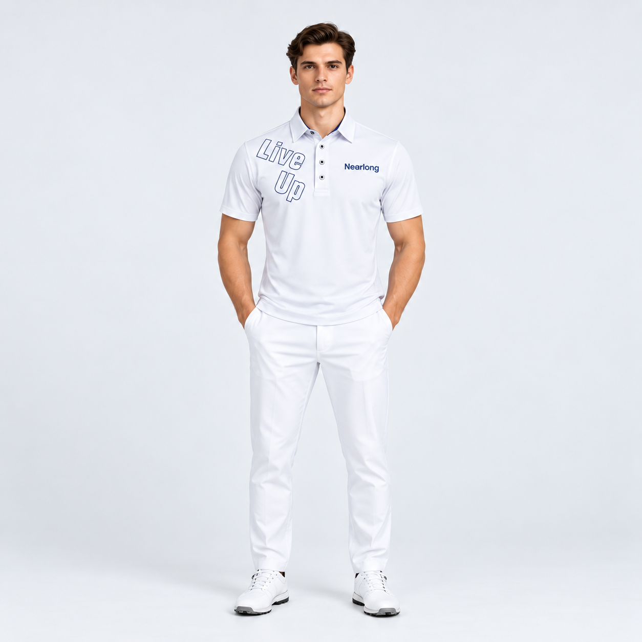 Men's white graphic golf polo shirt full body front view
