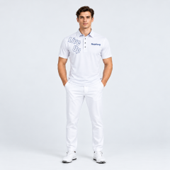 Men's white graphic golf polo shirt full body front view