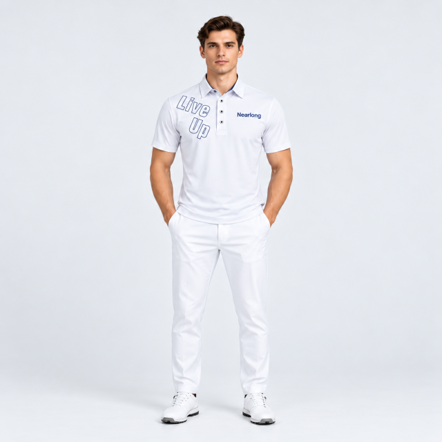 Men's white graphic golf polo shirt full body front view