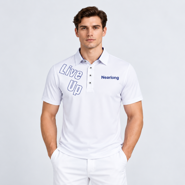 Men's white golf polo shirt with navy graphic print