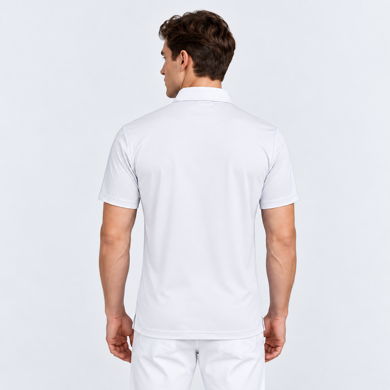 Back view of men's white short sleeve golf polo shirt