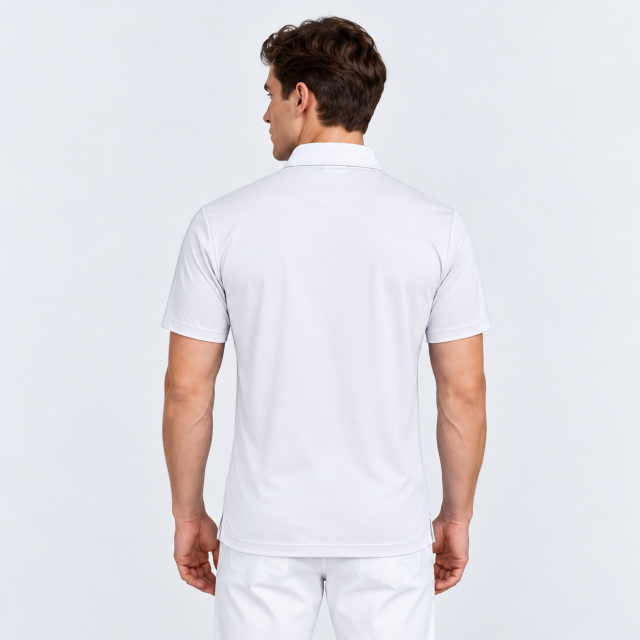 Back view of men's white short sleeve golf polo shirt