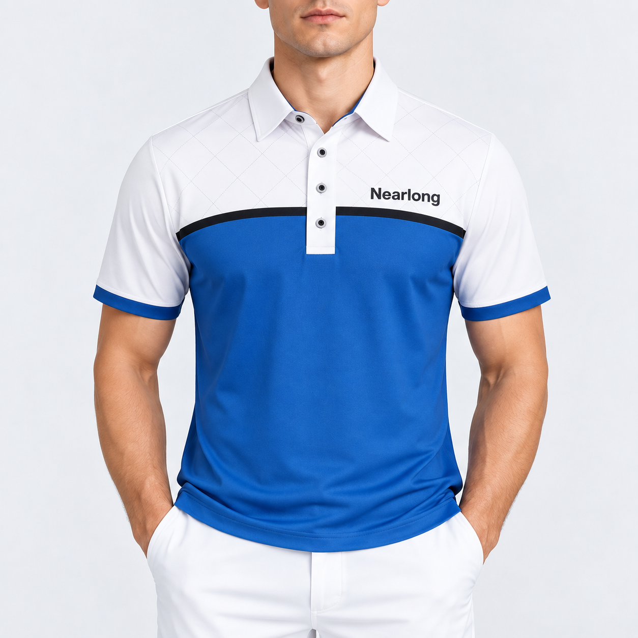 Men's performance style golf polo with contrast chest panel