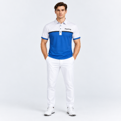 Men's blue and white golf polo shirt full body front view
