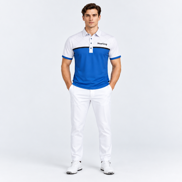 Men's blue and white golf polo shirt full body front view