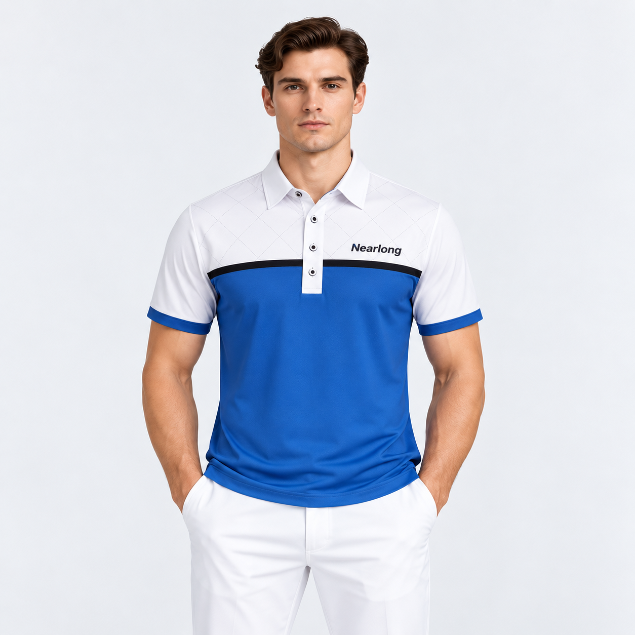Men's colorblock golf polo shirt front fit view
