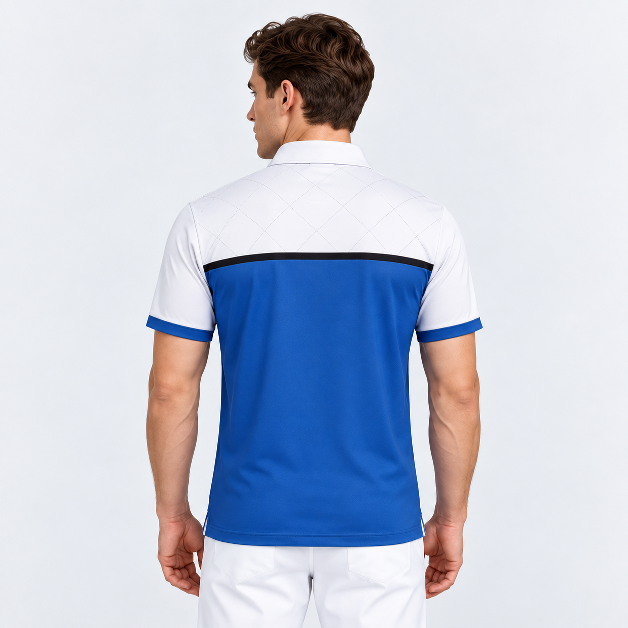 Back view of men's blue white golf polo shirt