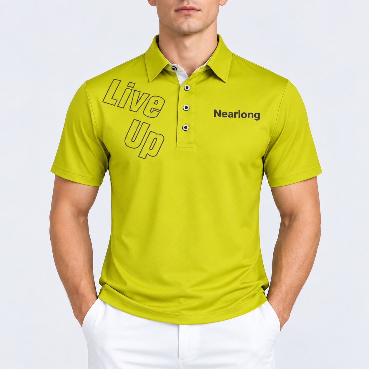 Men's lime green printed golf polo front view